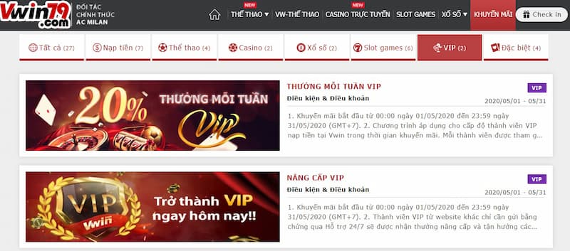 Khuyến mãi cho thành viên VIP Vwin