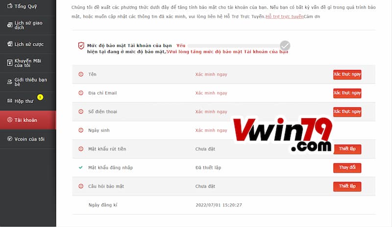 Xác thực thông tin tài khoản để rút tiền Vwin ngay